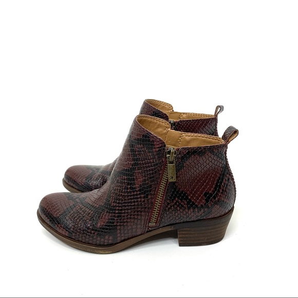 Lucky Brand Basel Snakeskin Print Double Zipper Booties Ankle Boot Maroon Hue - Picture 4 of 14